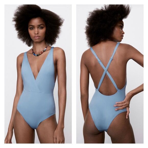 NWT ZARA Plunge Crossback Swimsuit L - Picture 1 of 8